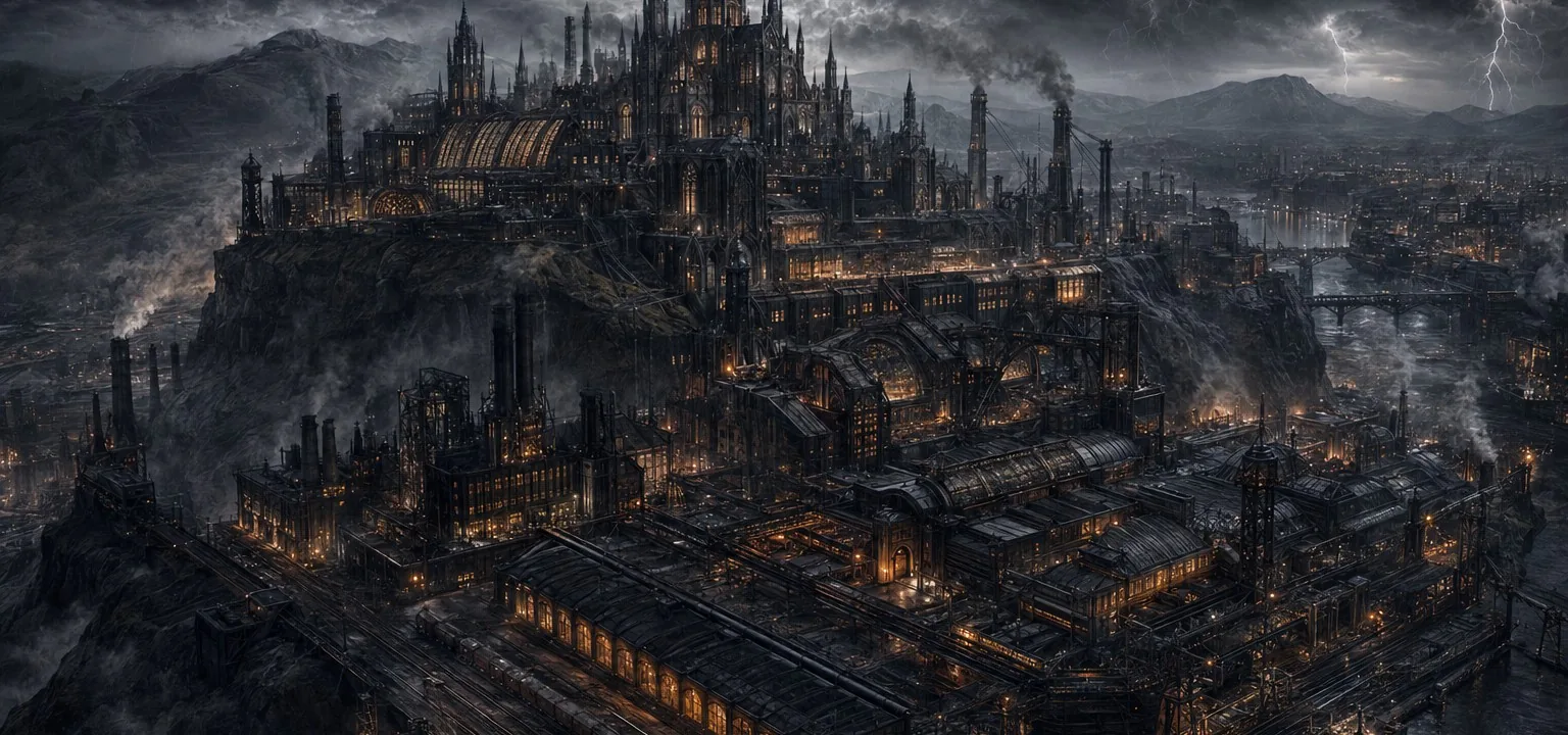 Dresdorph Castle and the greater Gothburn Industries complex occupying a high industrial ridge above Calderwake