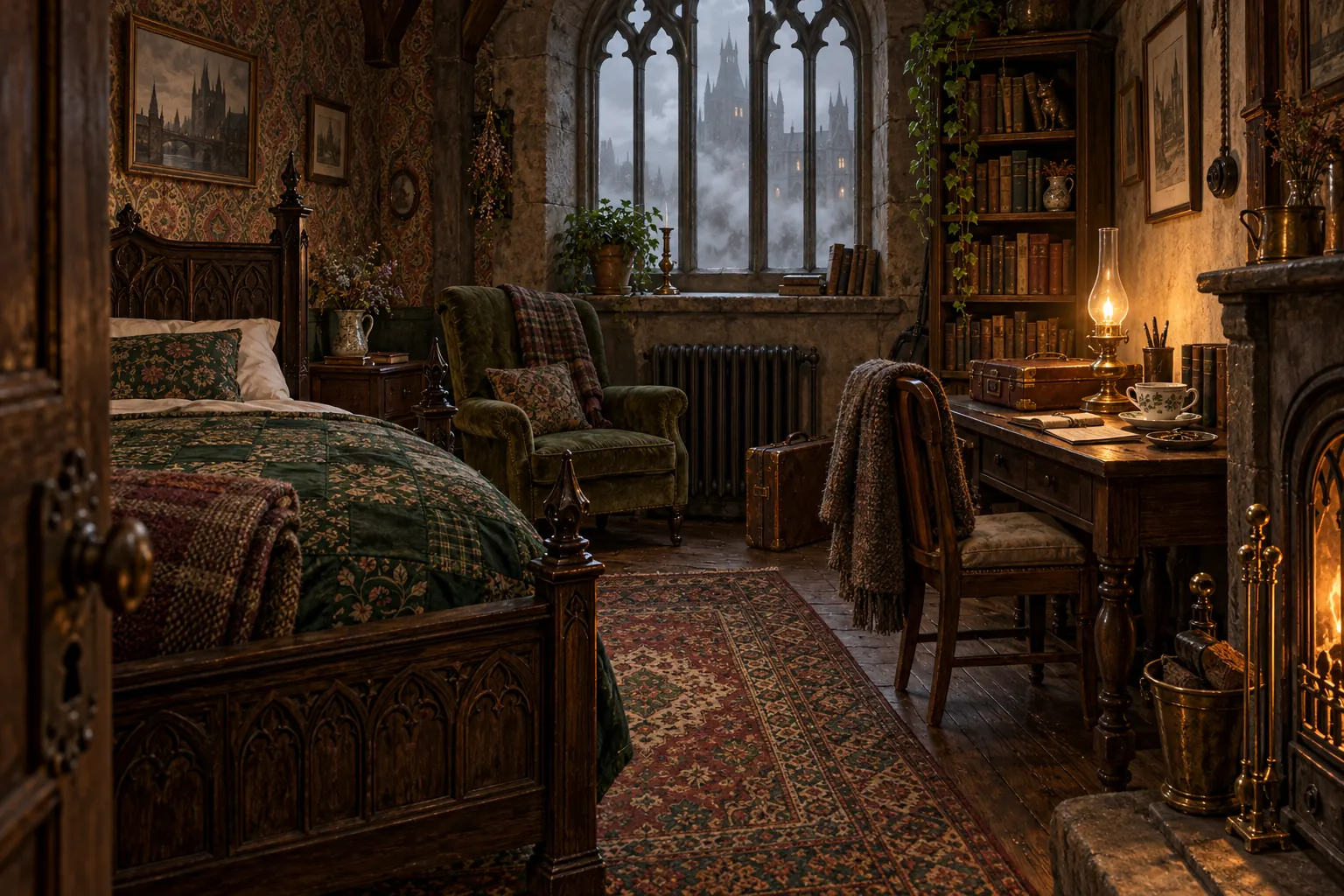 A welcoming room at Dresdorph with books, a warm lamp, and a window looking into the fog