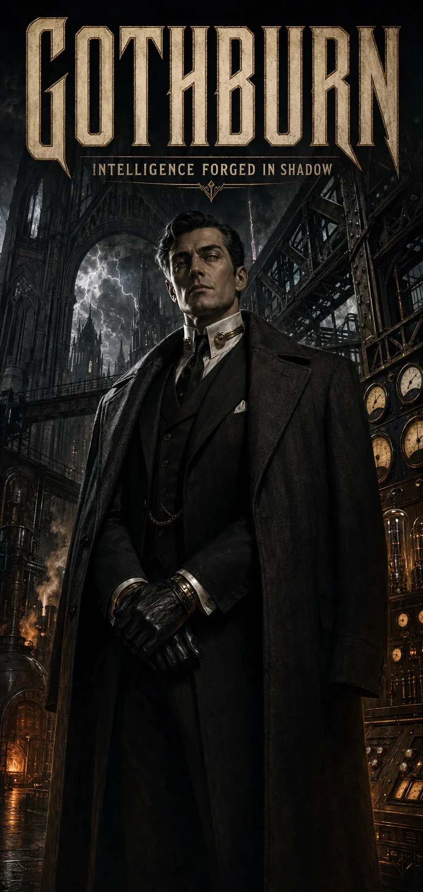 Severin Gothburn standing within the vast Gothic-industrial complex of Gothburn Industries