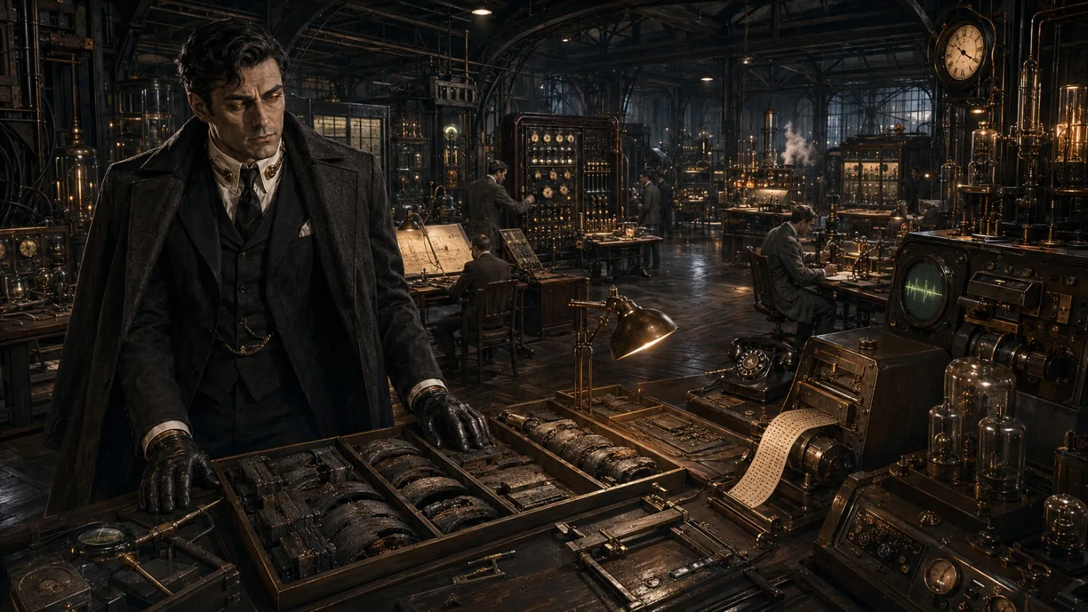 Severin Gothburn in a functioning laboratory of vacuum-tube apparatus, relay cabinets, drafting stations, and precision instruments