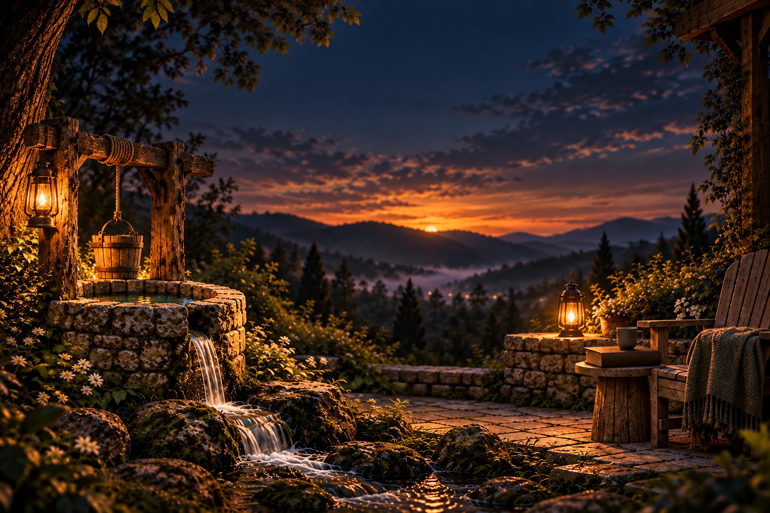 Warm lanterns, a flowing stone well, and a quiet chair overlooking mountains at sunset