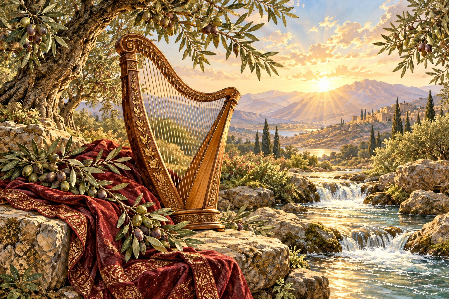 A golden harp beside an olive tree and flowing water, from the journal’s Psalms illustration