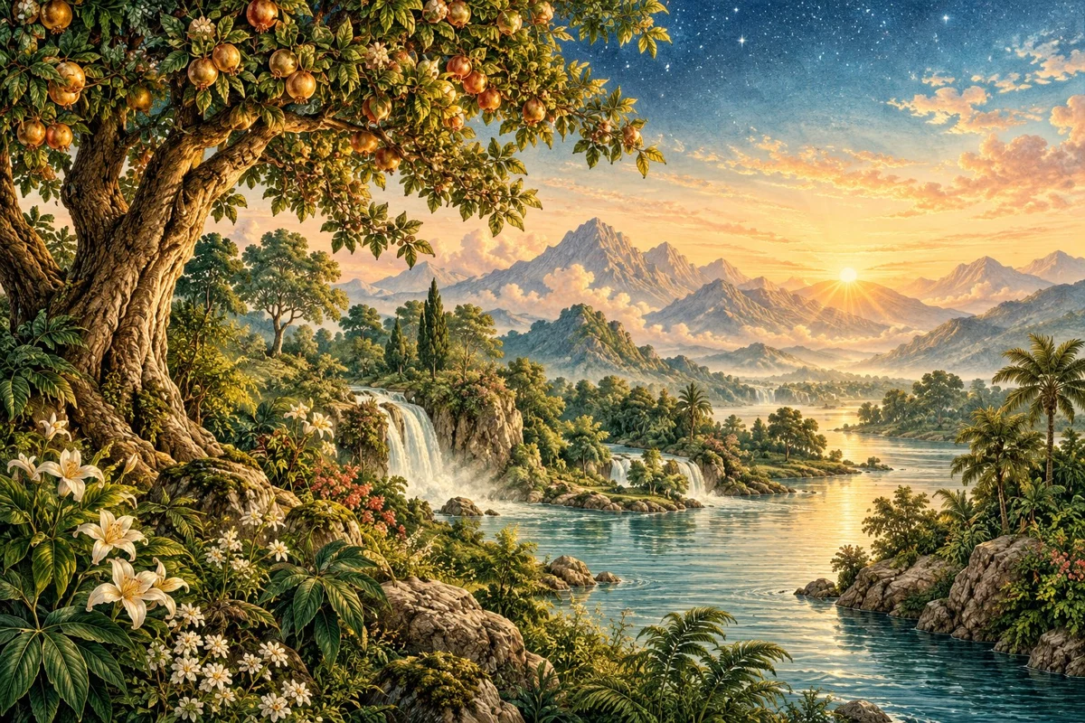 A lush garden and a quiet stream in the illustrated Bible study