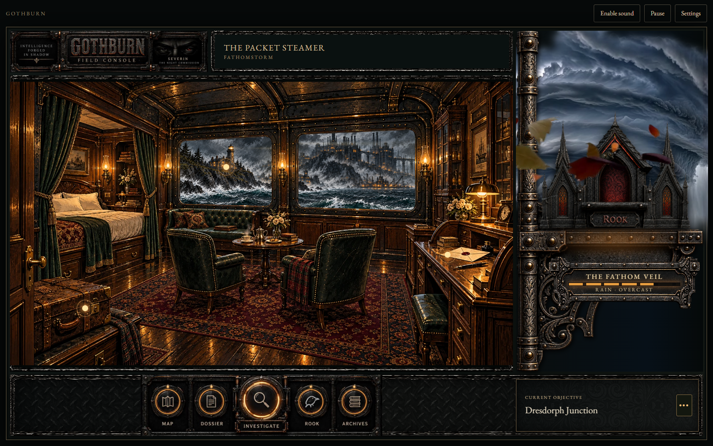 Development capture of the packet steamer cabin inside the ornate Gothburn Field Console, with inspection controls and Rook’s weather-glass roost