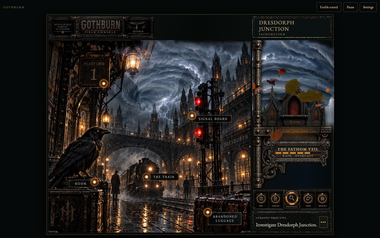 Development capture of Dresdorph Junction with Rook, rain-lit platforms, and the Field Console’s investigation controls