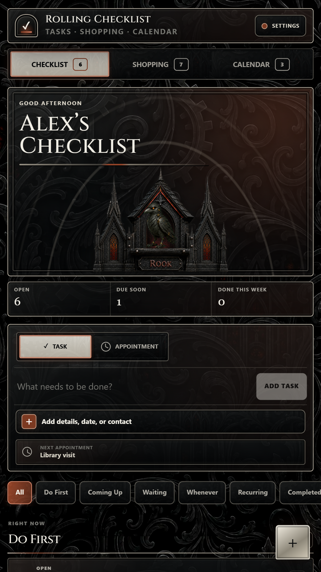 Rolling Checklist in its Forged Paisley theme, with Rook beside the task list