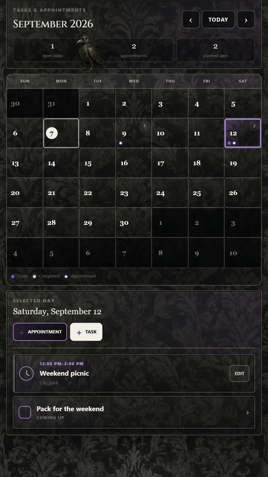 Calendar and appointments — a month view in Gothic Damask