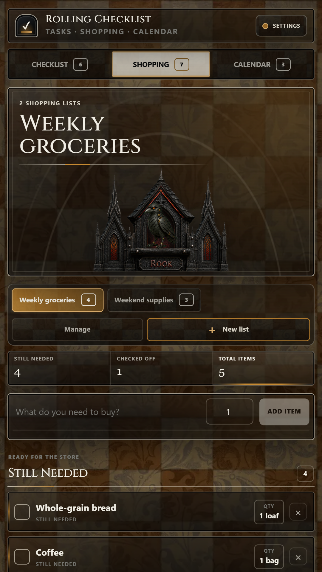 Checkmate shopping — a gold-accented shopping list