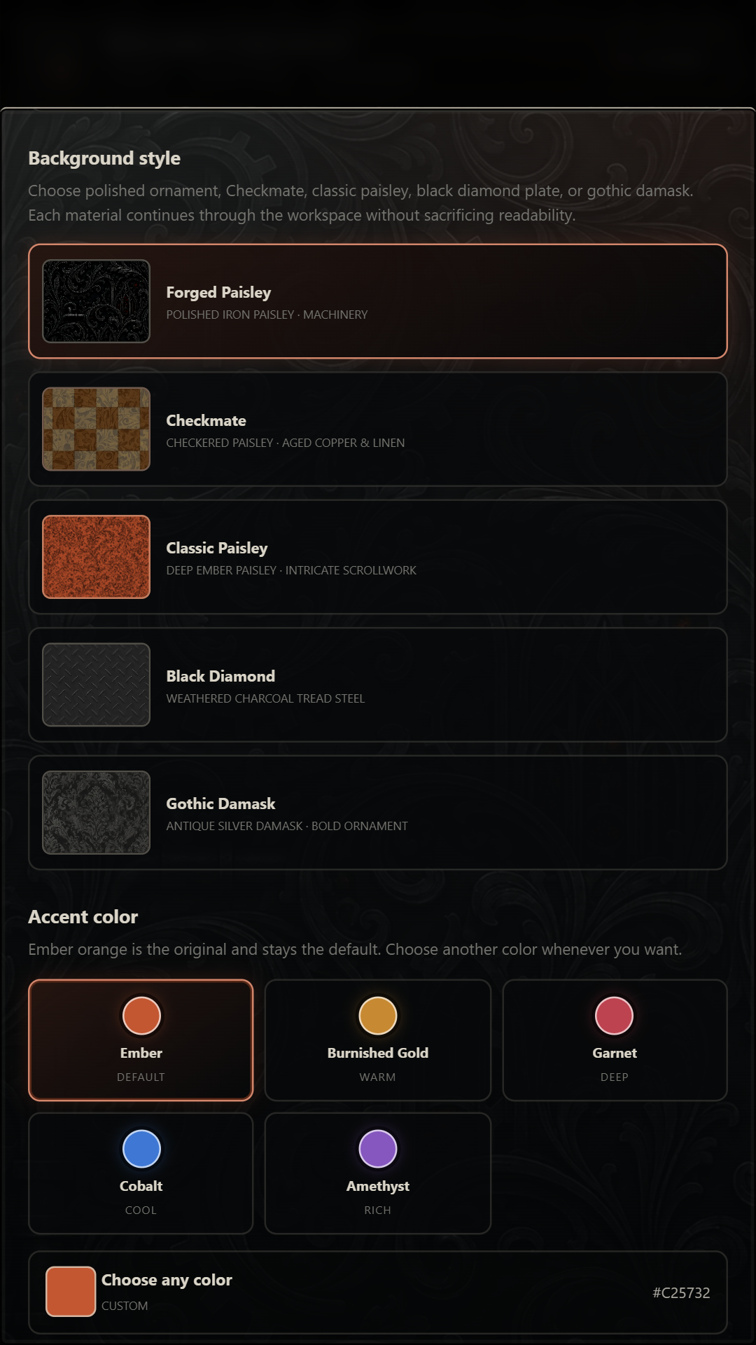 Themes and colors — five themes and accent color choices in settings