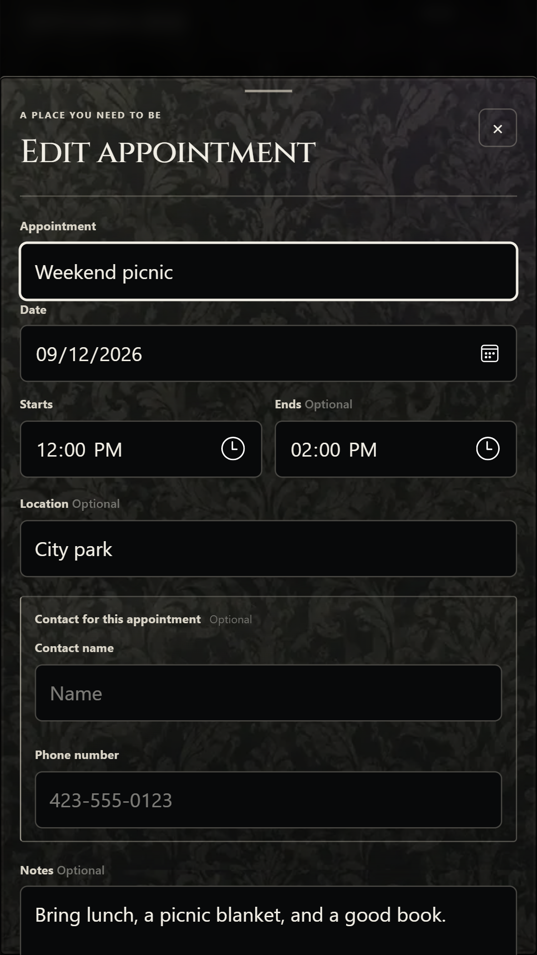 Appointment details — fields for time, location, notes, and contact information