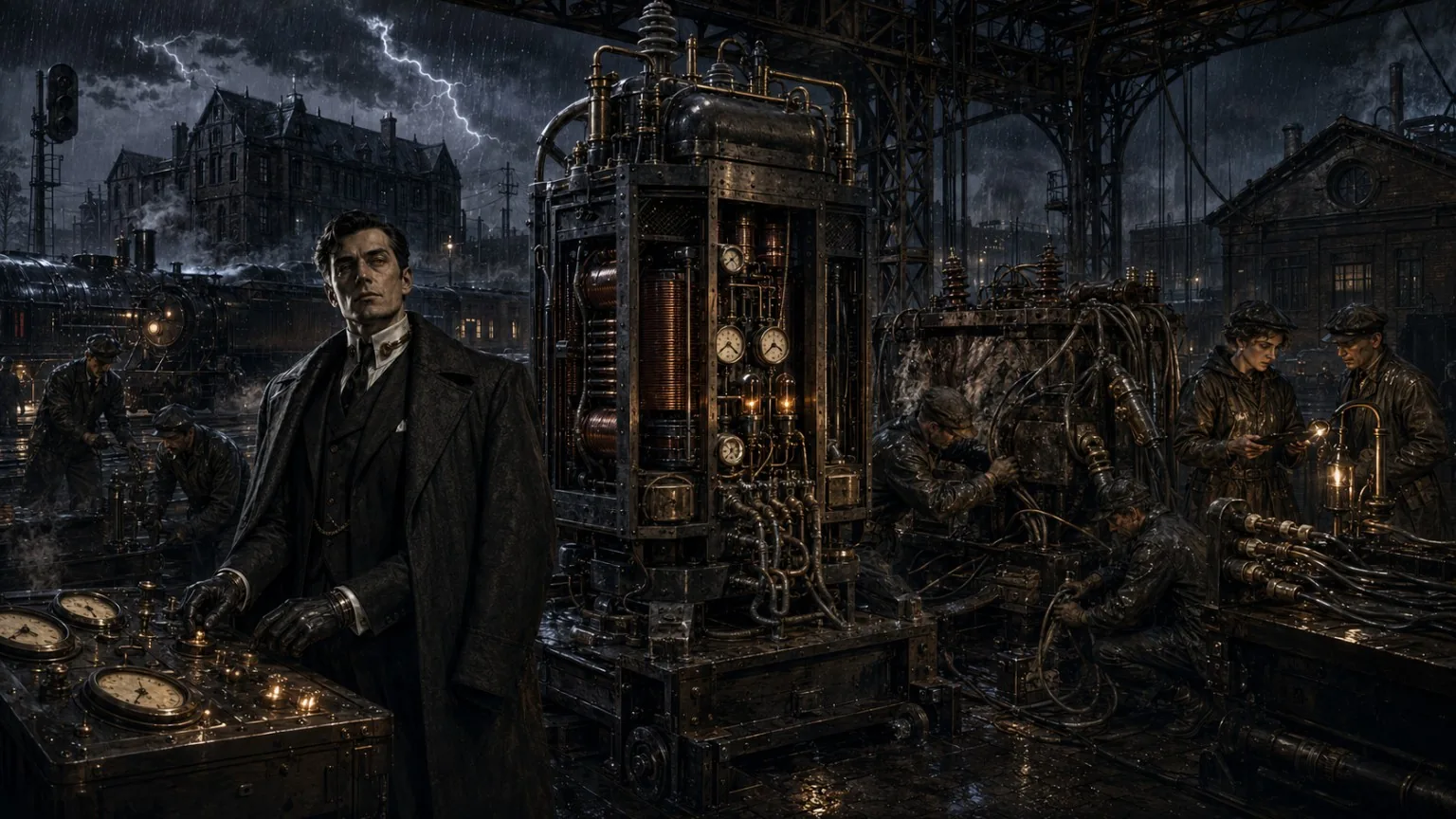 Severin Gothburn shown fully within the Works, overseeing engineers and a large period-built machine during night operations